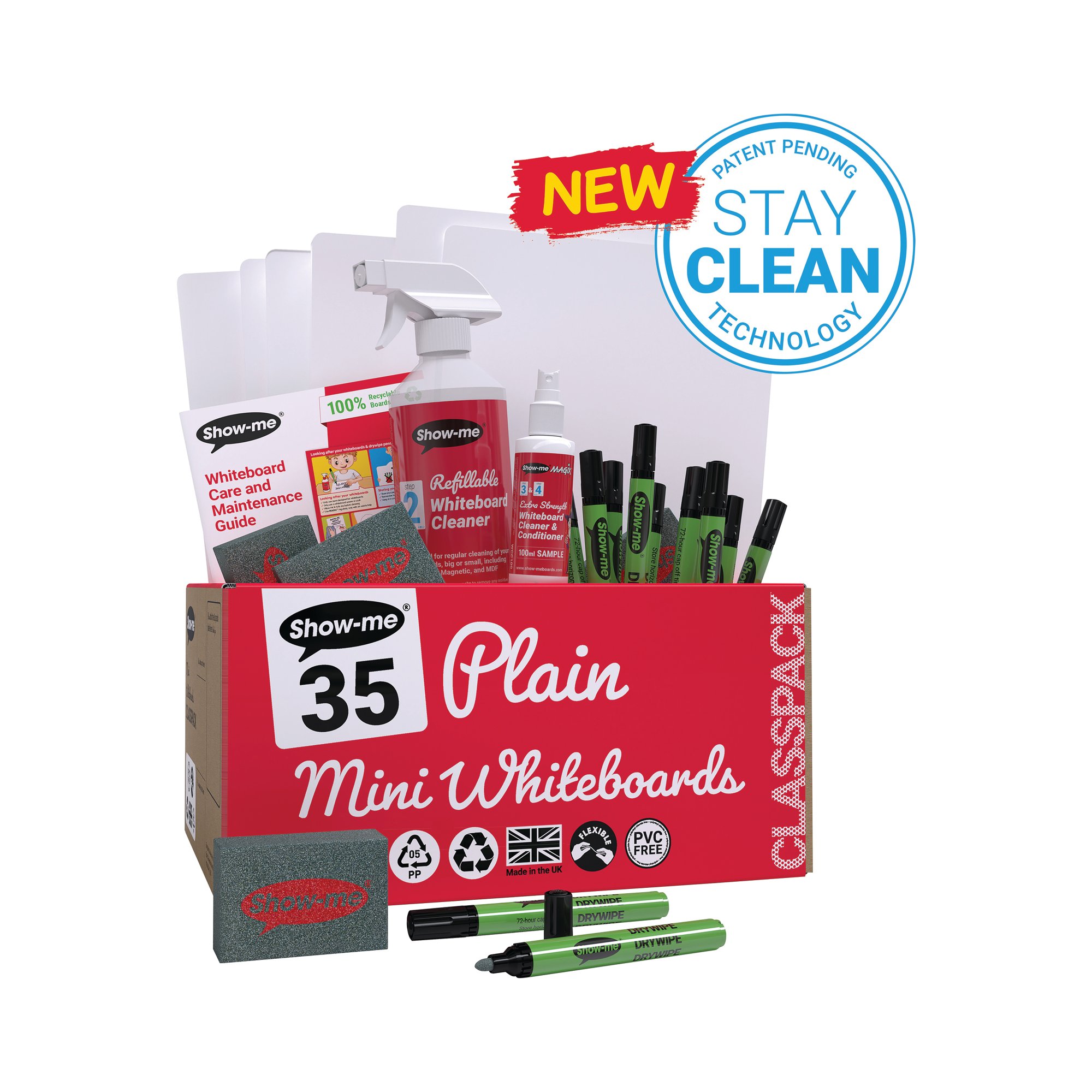 Show-me StayClean A4 Whiteboards Plain/Plain (35 boards pens and erasers + Free cleaners) C/SMB