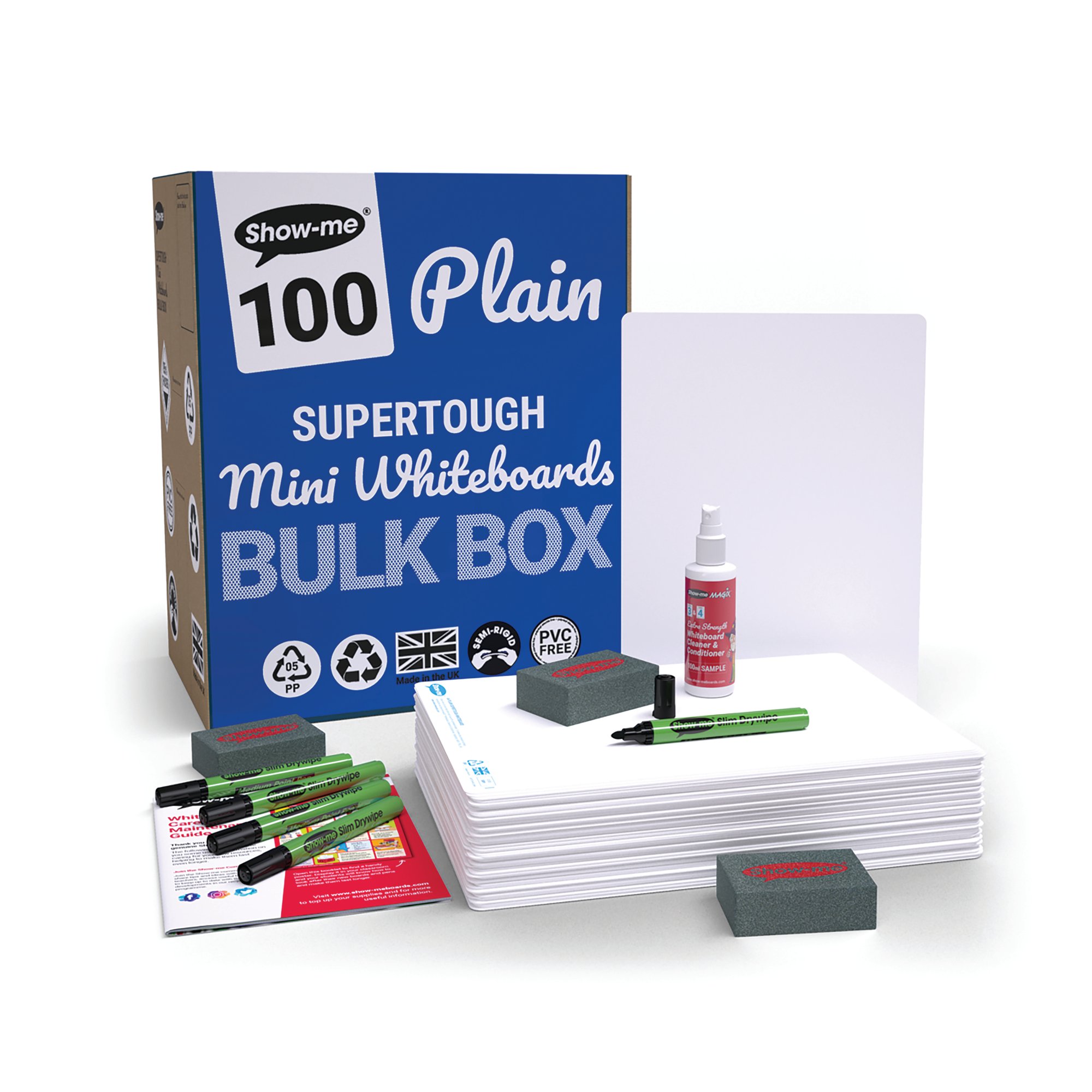 Show-me SUPERTOUGH A4 Whiteboards Plain/Plain Bulk Box (100 boards pens/erasers + FOC Cleaner) B/SRP