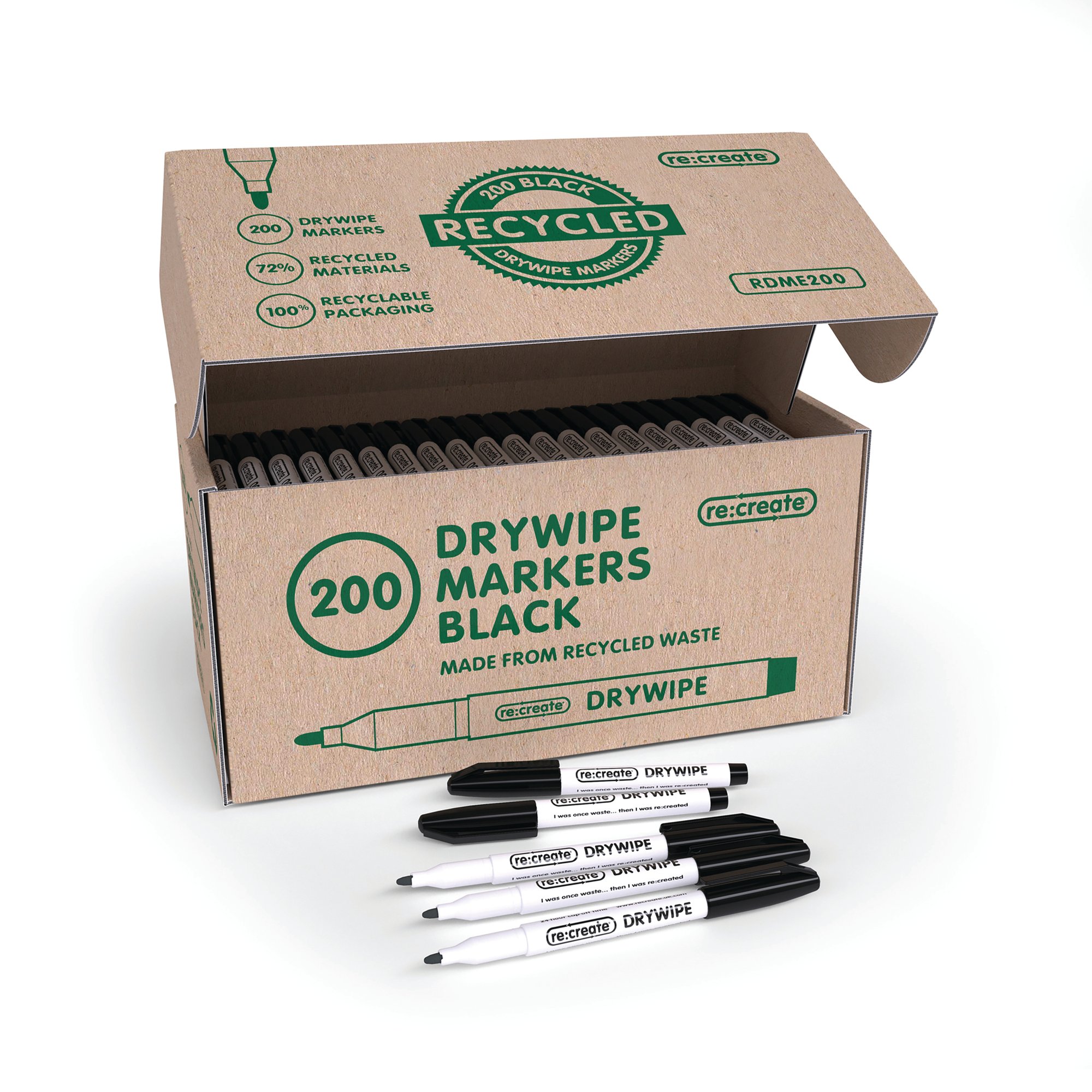 Re:create Recycled Whiteboard Markers Bullet Tip Black (Pack of 200) RDME200