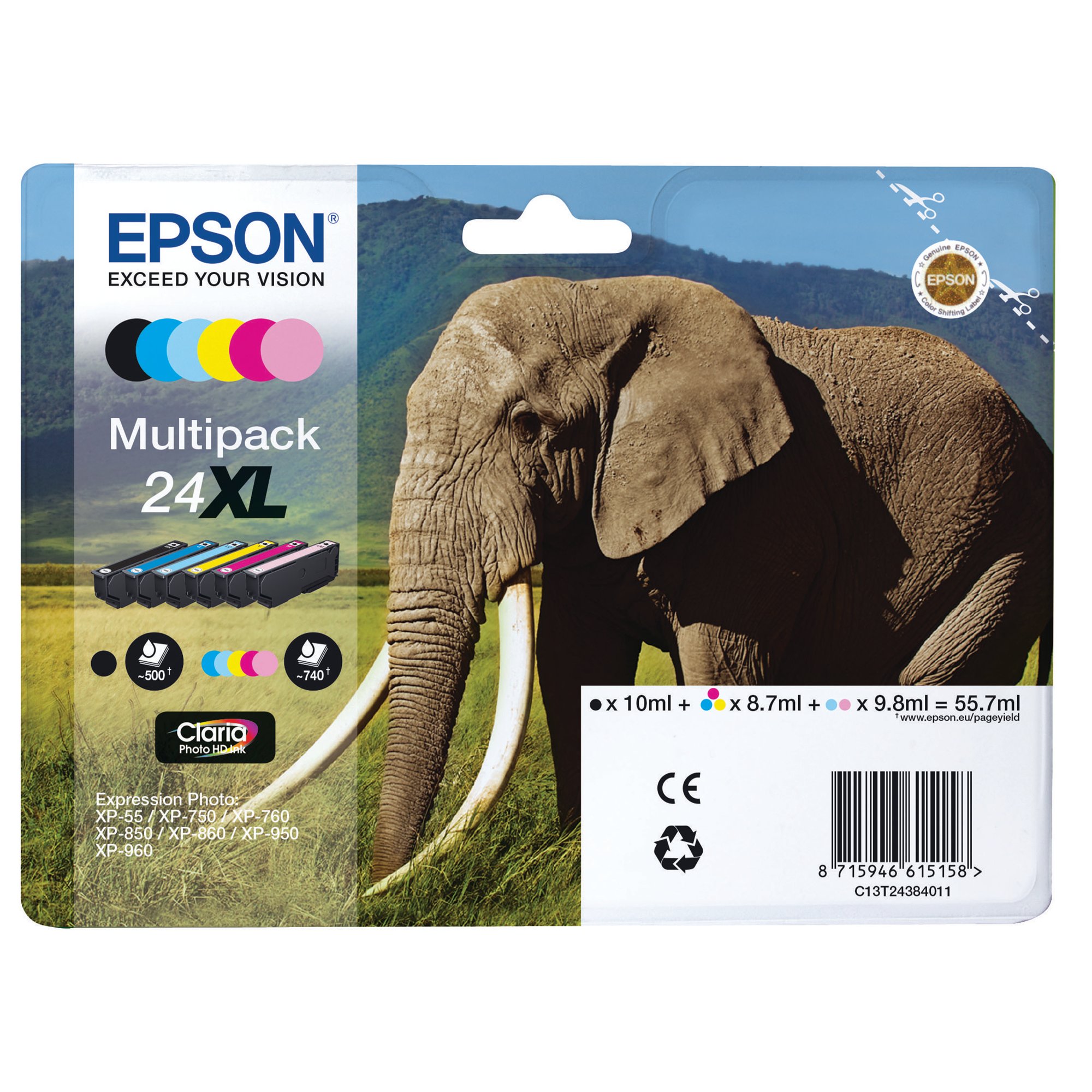 Epson 24XL Elephant Claria Photo HD Ink Cartridge High Yield CMYK/Lt Cyan/Lt Mag Mpk C13T24384011