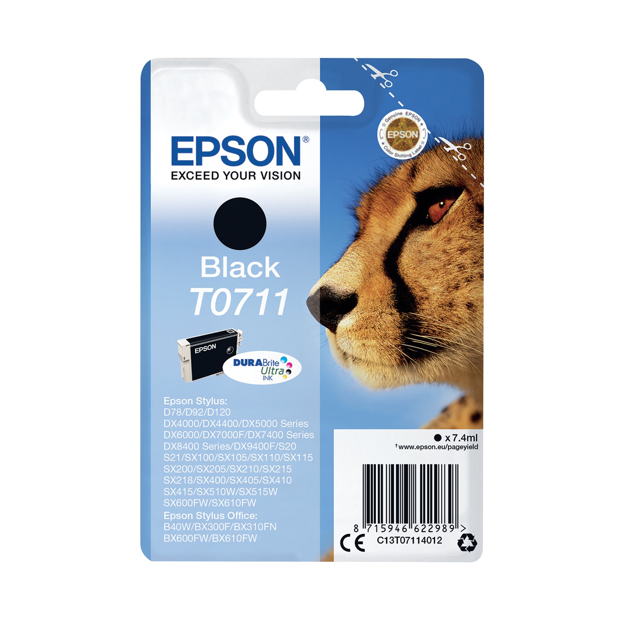 Epson T0711 Cheetah DURABrite Ultra Ink Cartridge Black C13T07114012