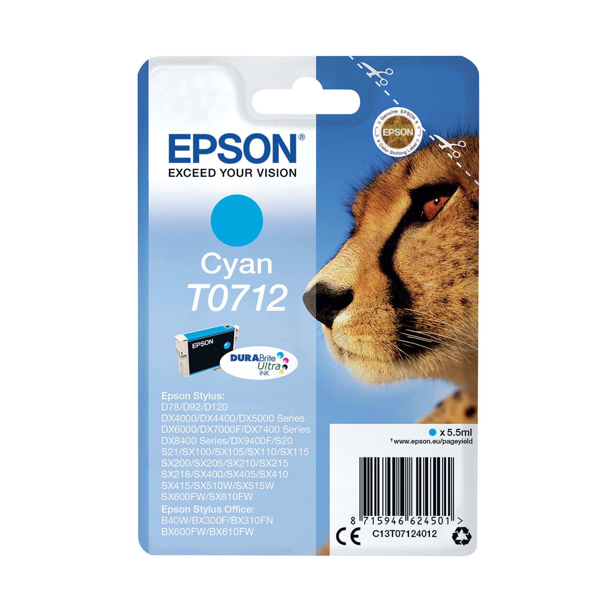 Epson T0712 Cheetah DURABrite Ultra Ink Cartridge Cyan C13T07124012
