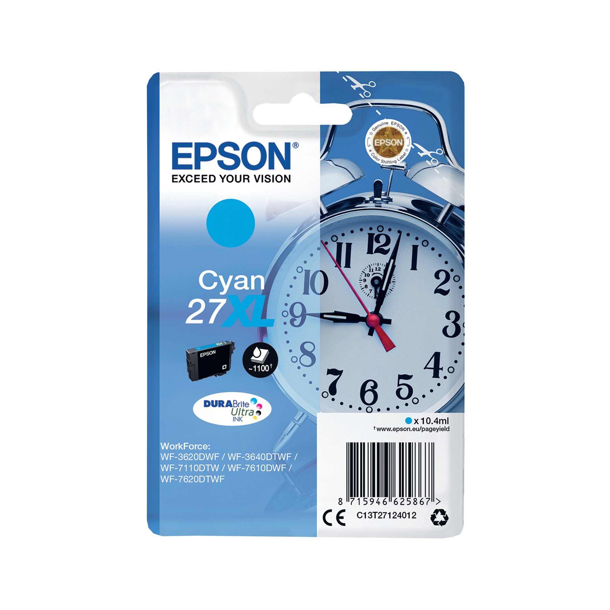 Epson 27XL Alarm Clock DURABrite Ultra Ink Cartridge High Yield Cyan C13T27124012