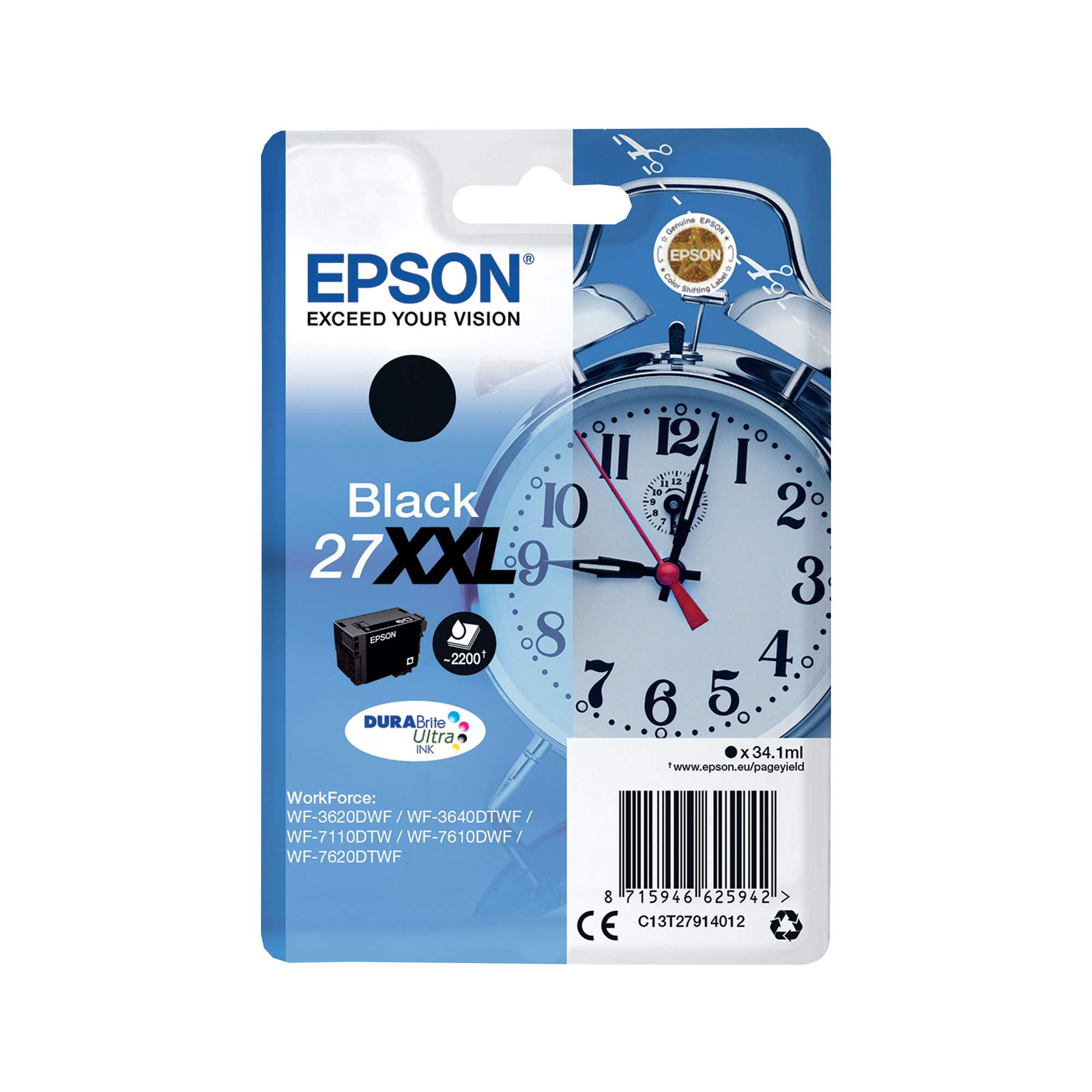 Epson 27XXL Alarm Clock DURABrite Ultra Ink Cartridge Extra High Yield Black C13T27914012