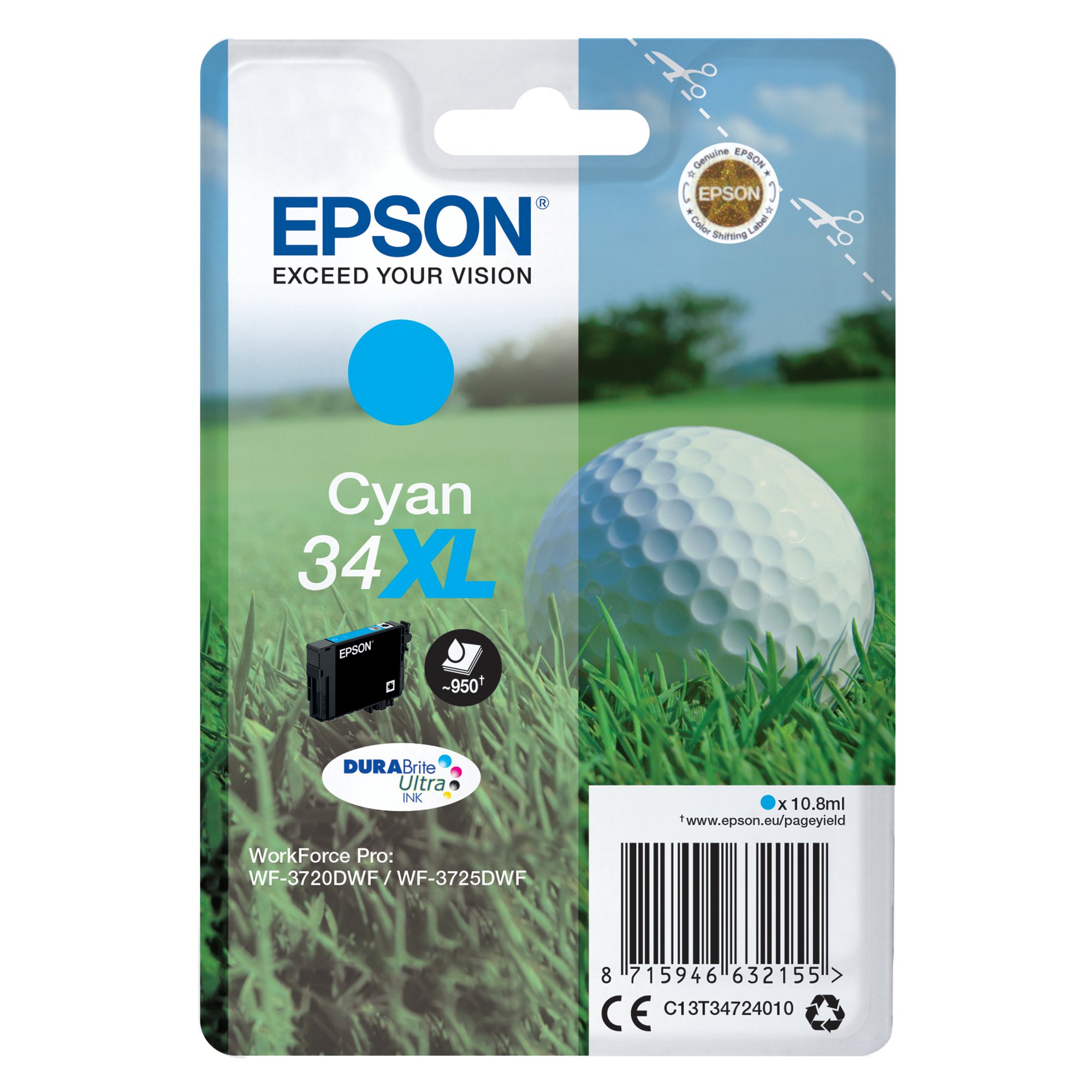 Epson 34XL Golf Ball DURABrite Ultra Ink Cartridge High Yield Cyan C13T34724010