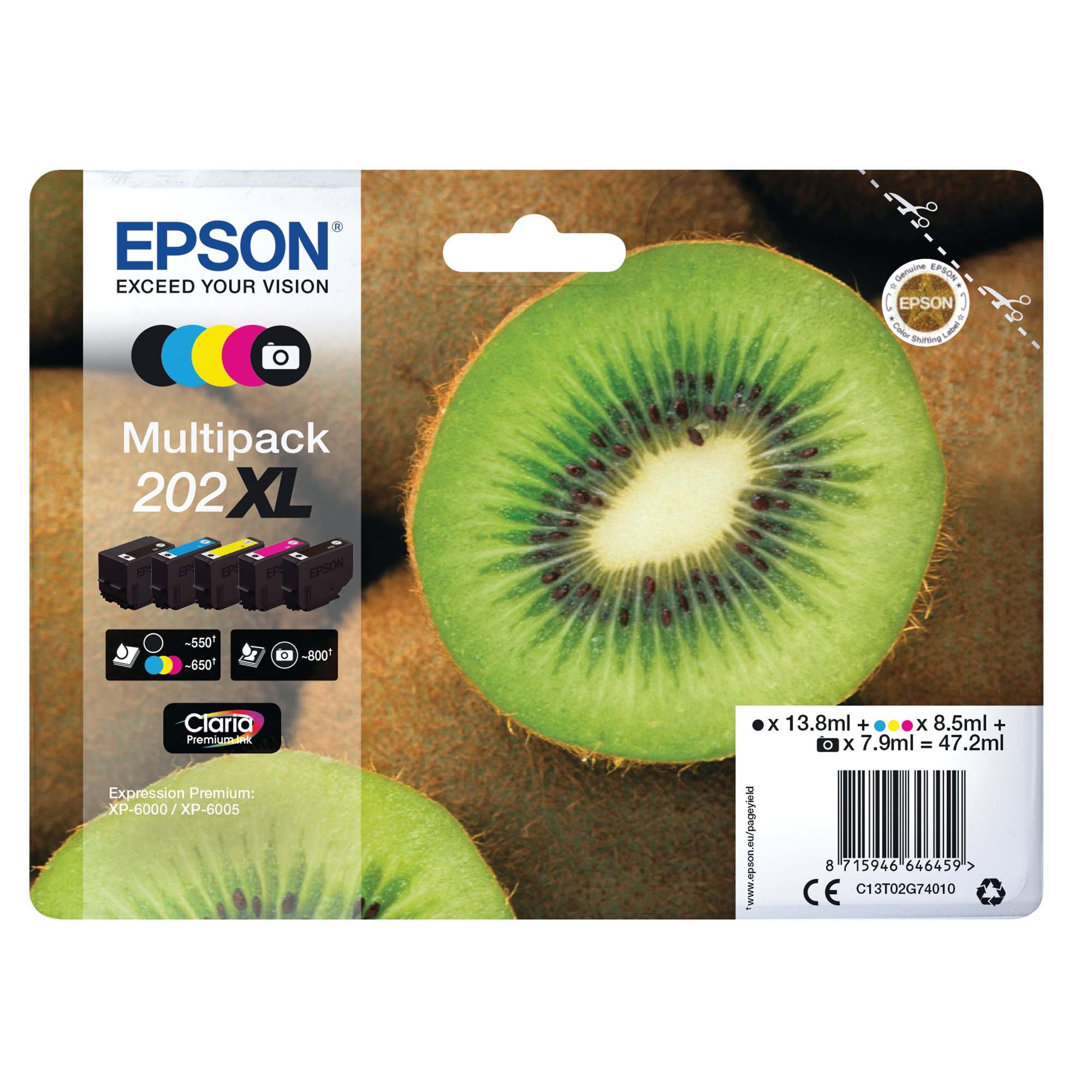 Epson 202XL Kiwi Claria Premium Ink Cartridge High Yield CMYK/Photo Black Multipack C13T02G74010