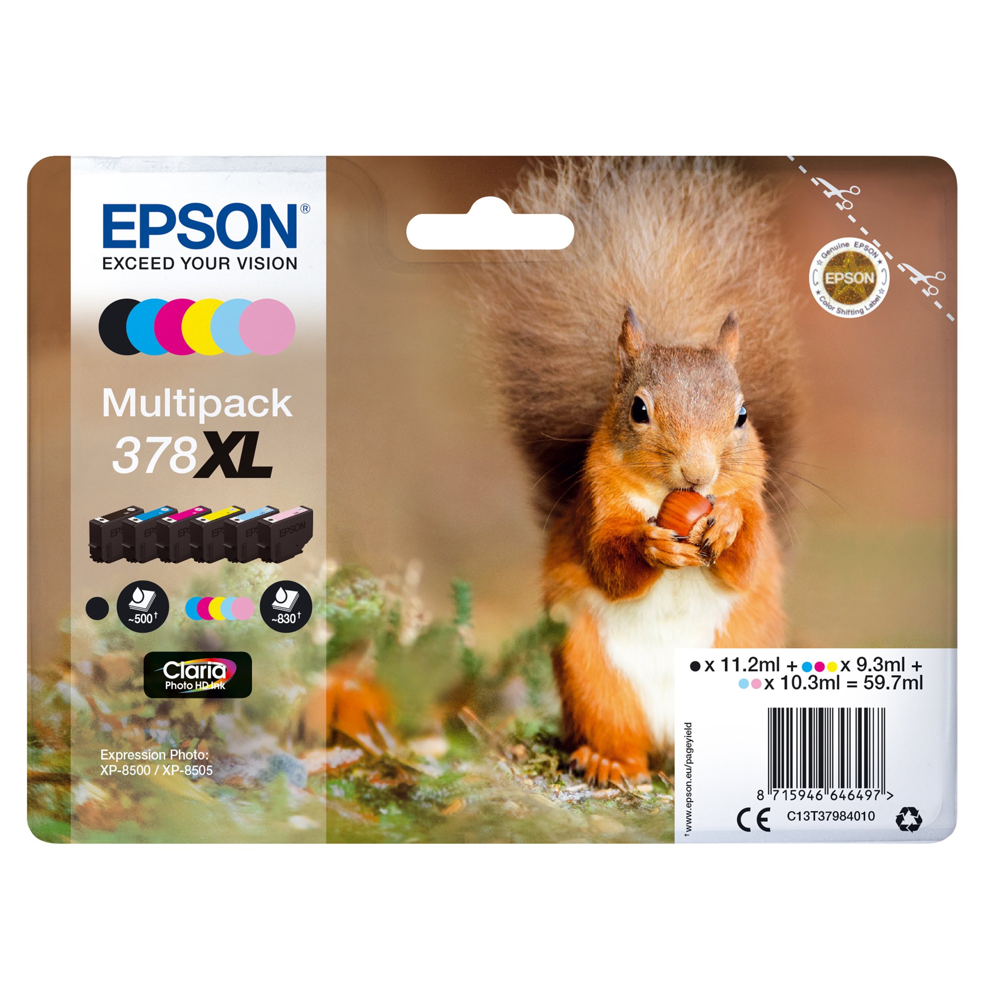 Epson 378XL Squirrel Claria Photo HD Ink Cartridge High Yield CMYK/Lt Cyan/Lt Mag Mpk C13T37984010