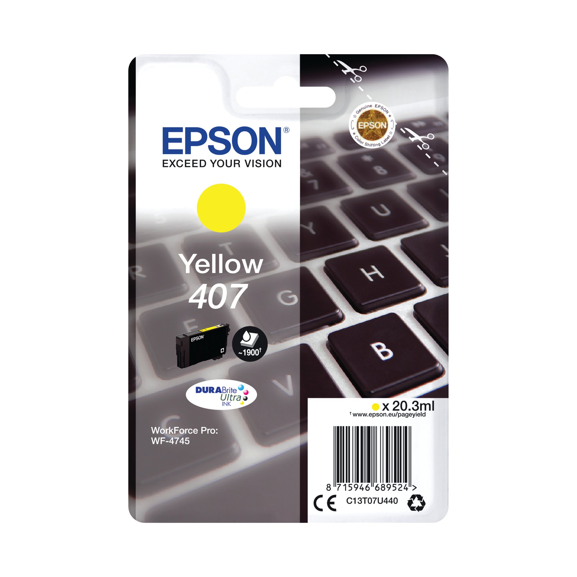 Epson 407 Keyboard DURABrite Ultra Ink Cartridge Yellow C13T07U440