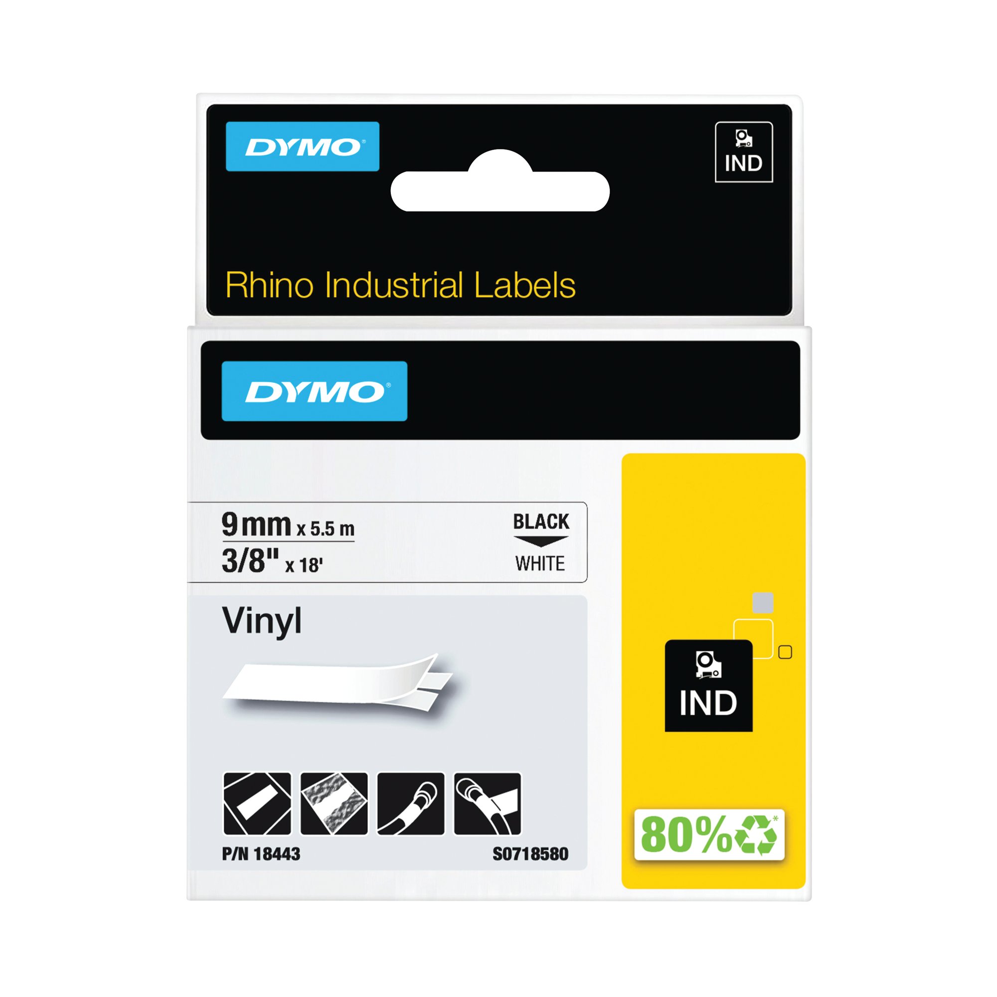 Dymo 18443 Rhino Label Printer Tape 9mmx5.5m Black on White 18443