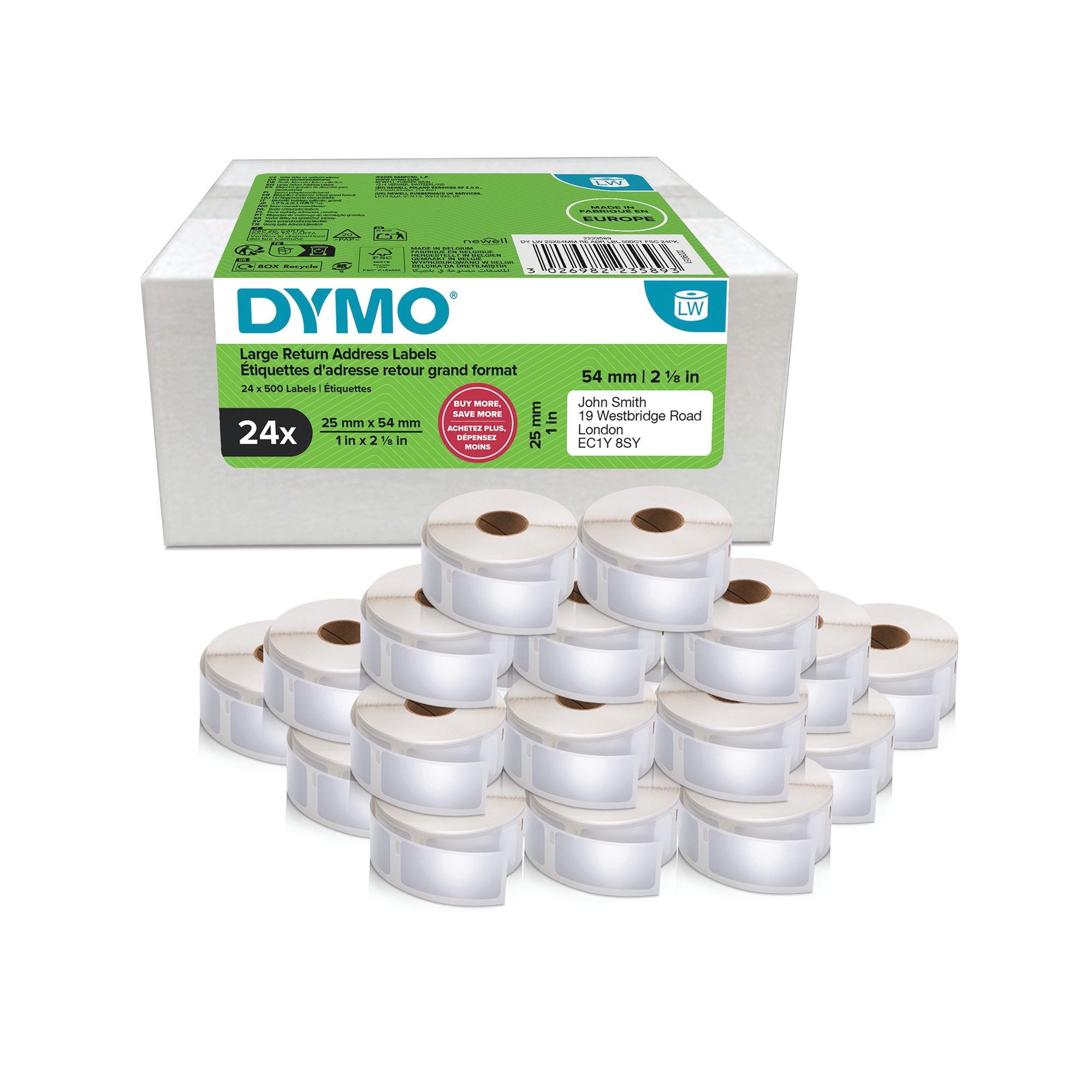 Dymo Large Return Address Labels 25x54mm 500 Labels (Pack of 24) 2223589