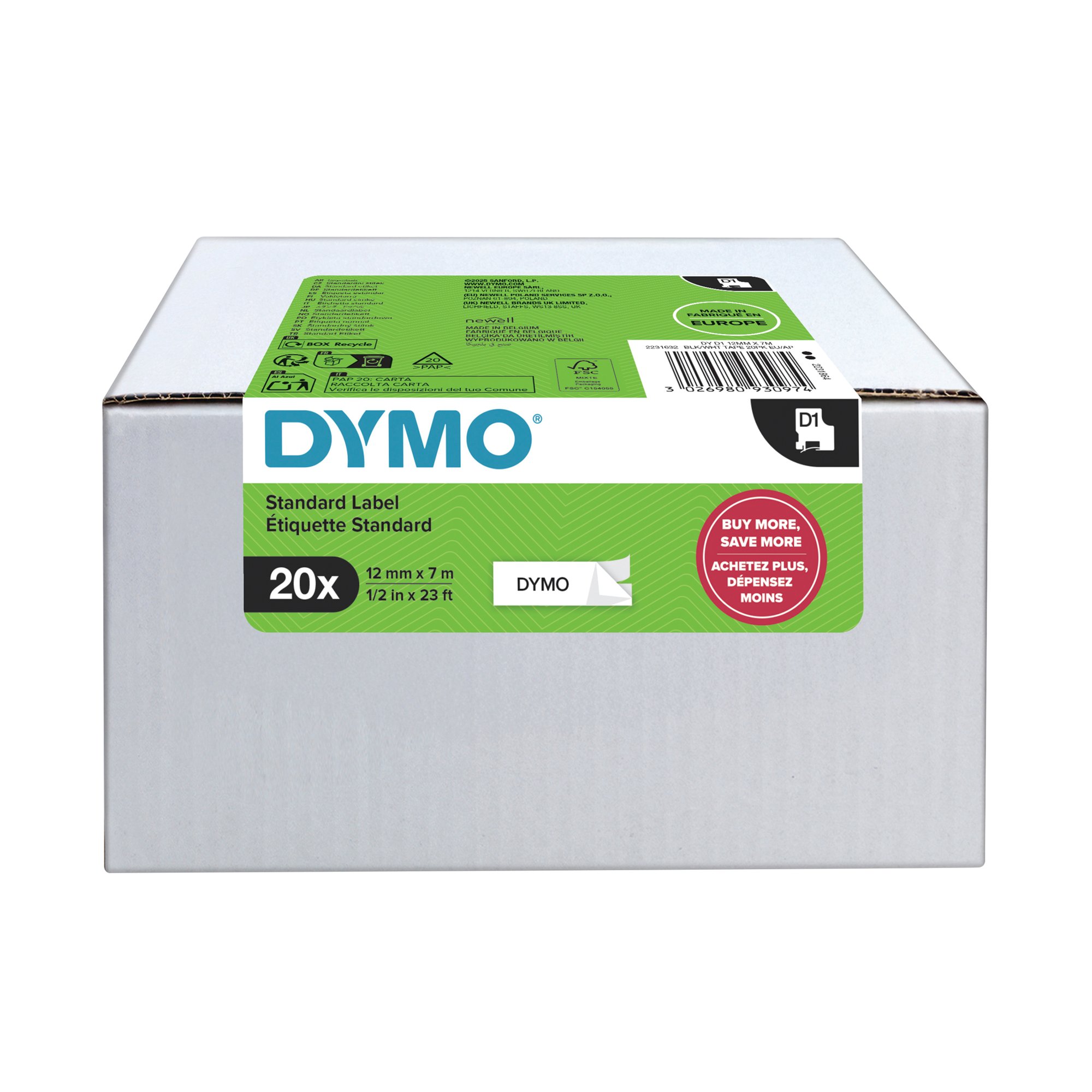Dymo D1 Tape 12mmx7m Black/White (Pack of 20) 2231632