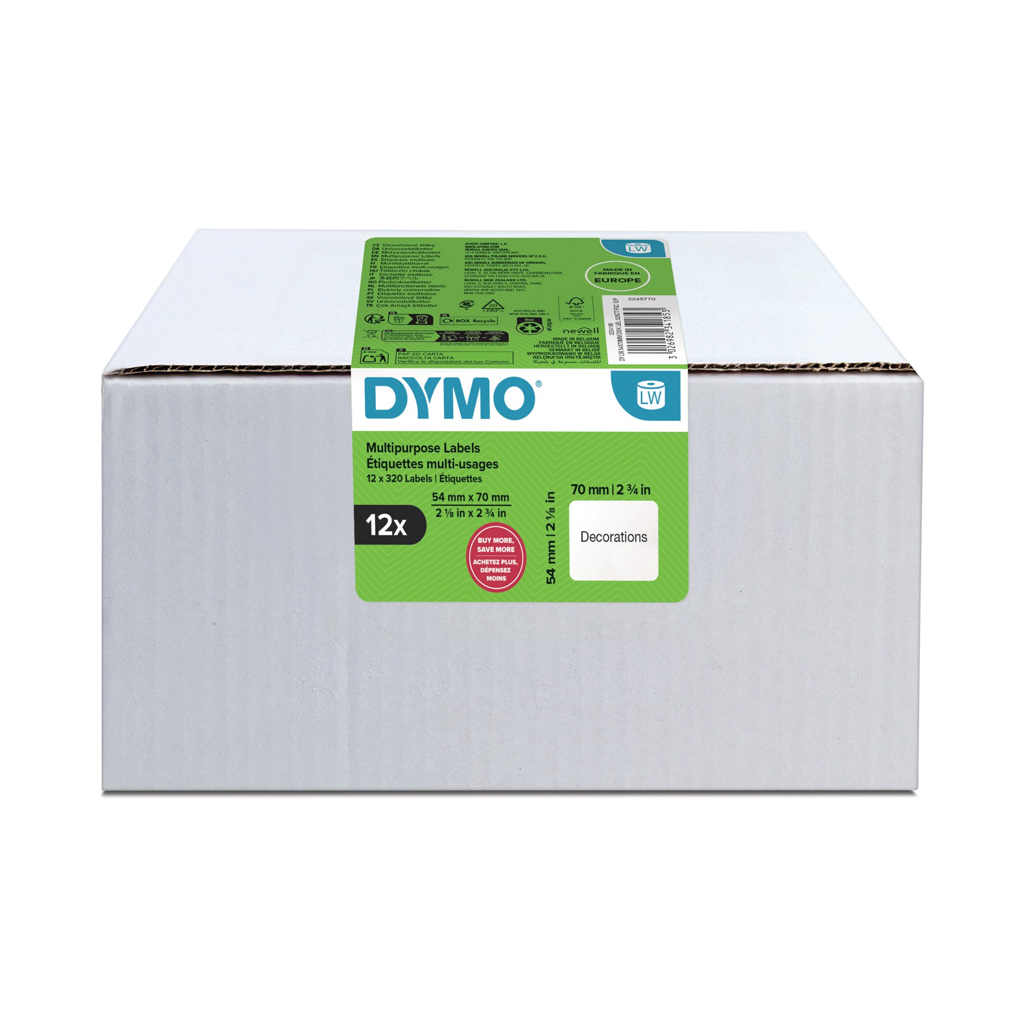 Dymo Large Multipurpose Labels 54x70mm 320 Labels (Pack of 12) 2234185