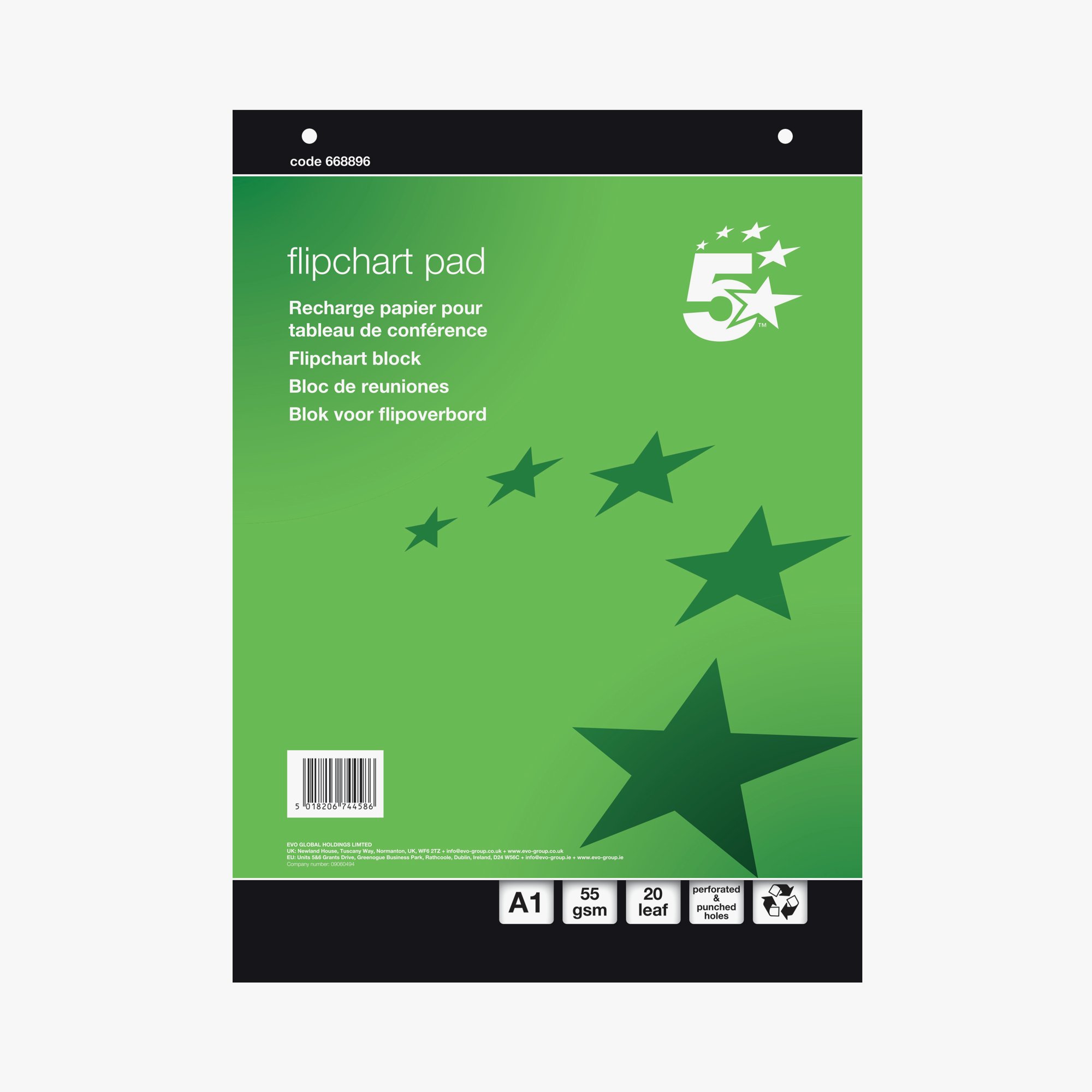 5 Star Recycled Flipchart Pad 55gsm 20 Sheets A1 (Pack of 5) FS668896