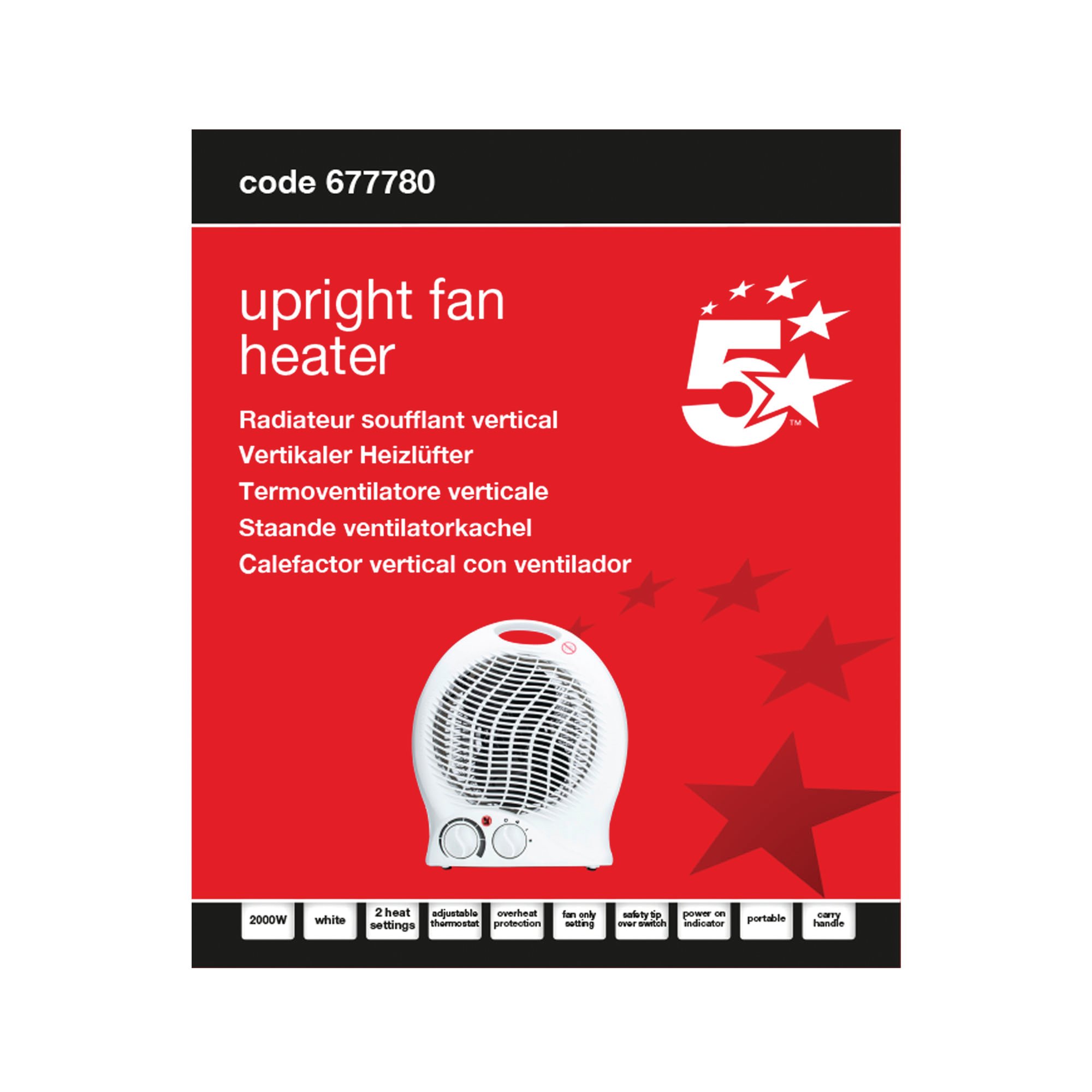 5 Star Upright Portable Fan Heater 2000W White FS677780