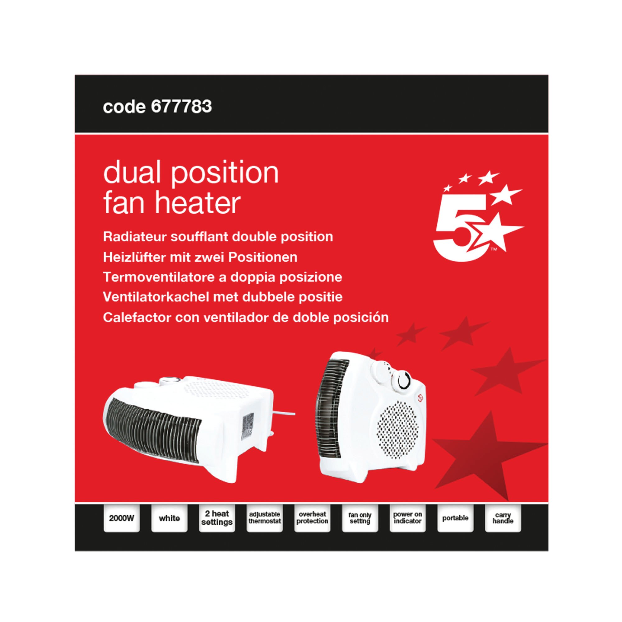 5 Star Dual Position Portable Fan Heater 1000W/2000W White FS677783