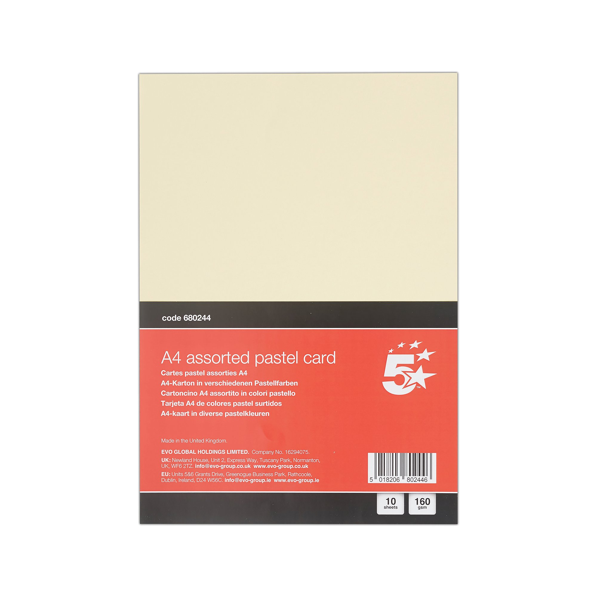 5 Star A4 Pastel Card x10 Cards 120 Cards in Total Pack of 12 FS680244