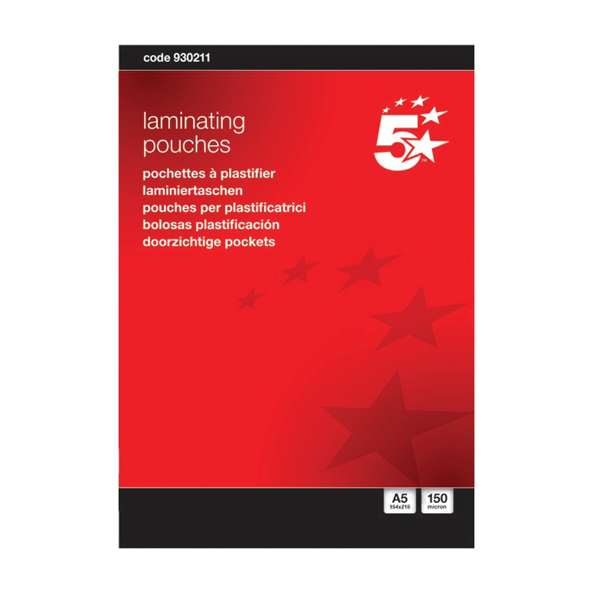 5 Star Laminating Pouches 150 Micron Gloss A5 (Pack of 100) 930211