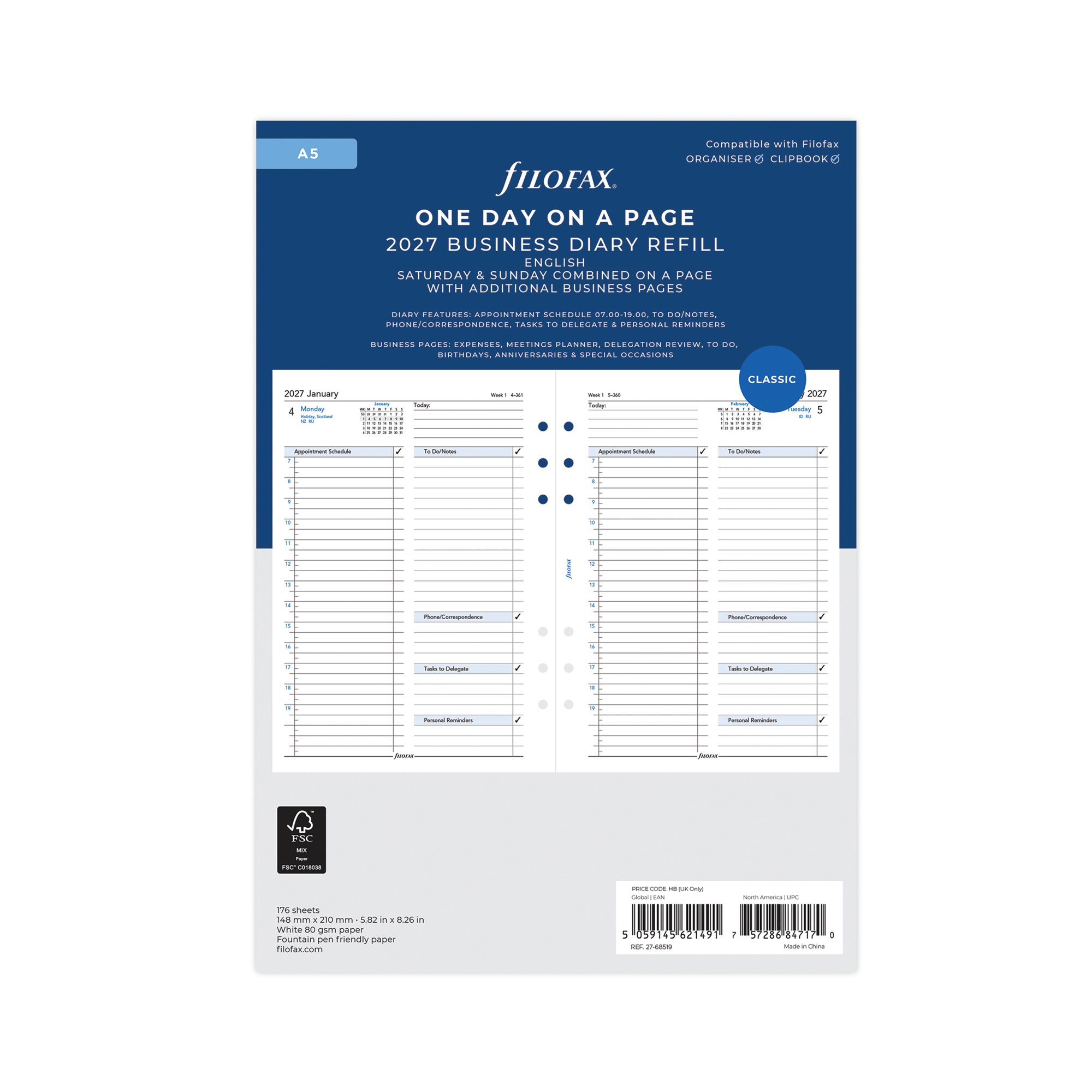 Filofax Refill Day Per Page A5 White 2027 27-68519