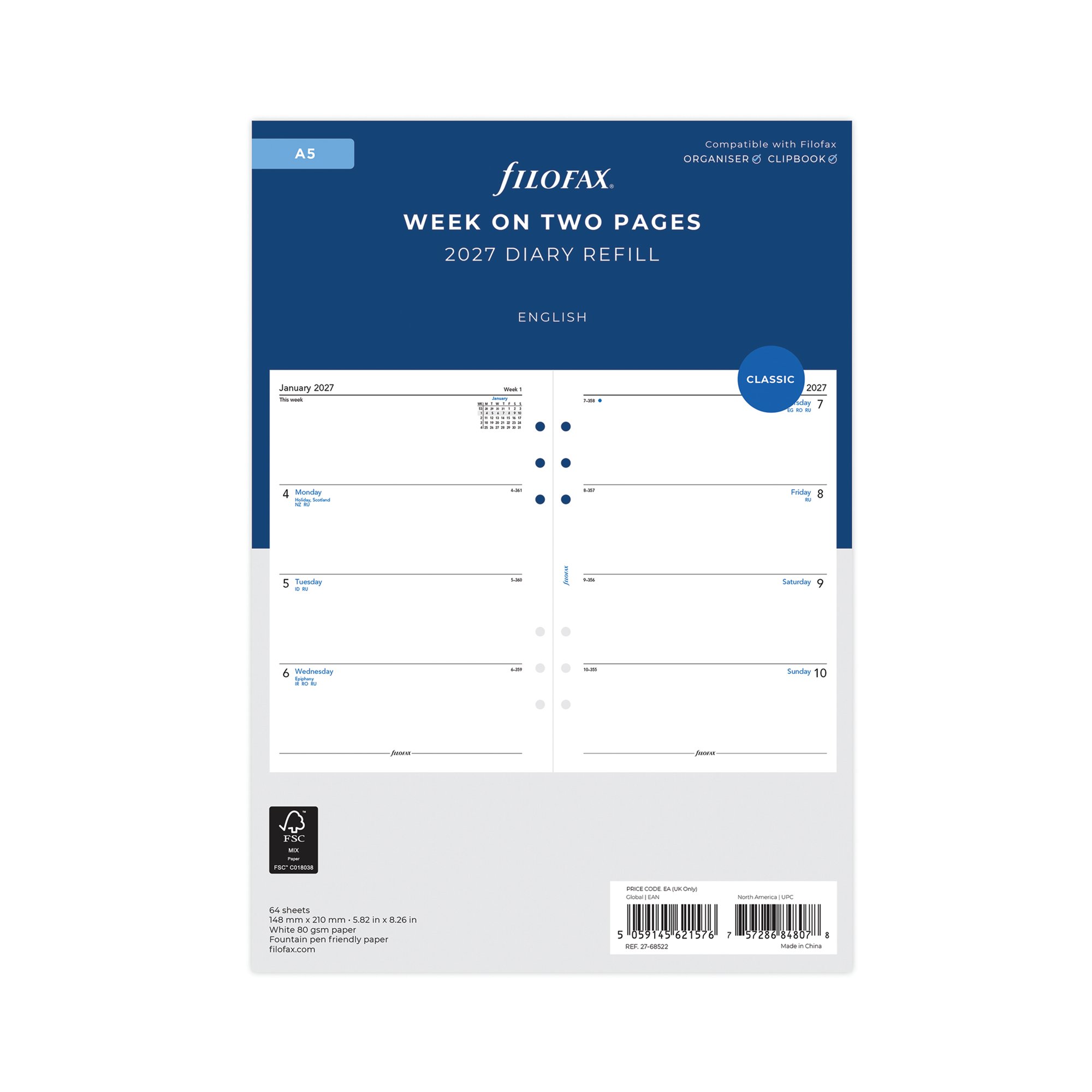Filofax Refill Week To View A5 White 2027 27-68522