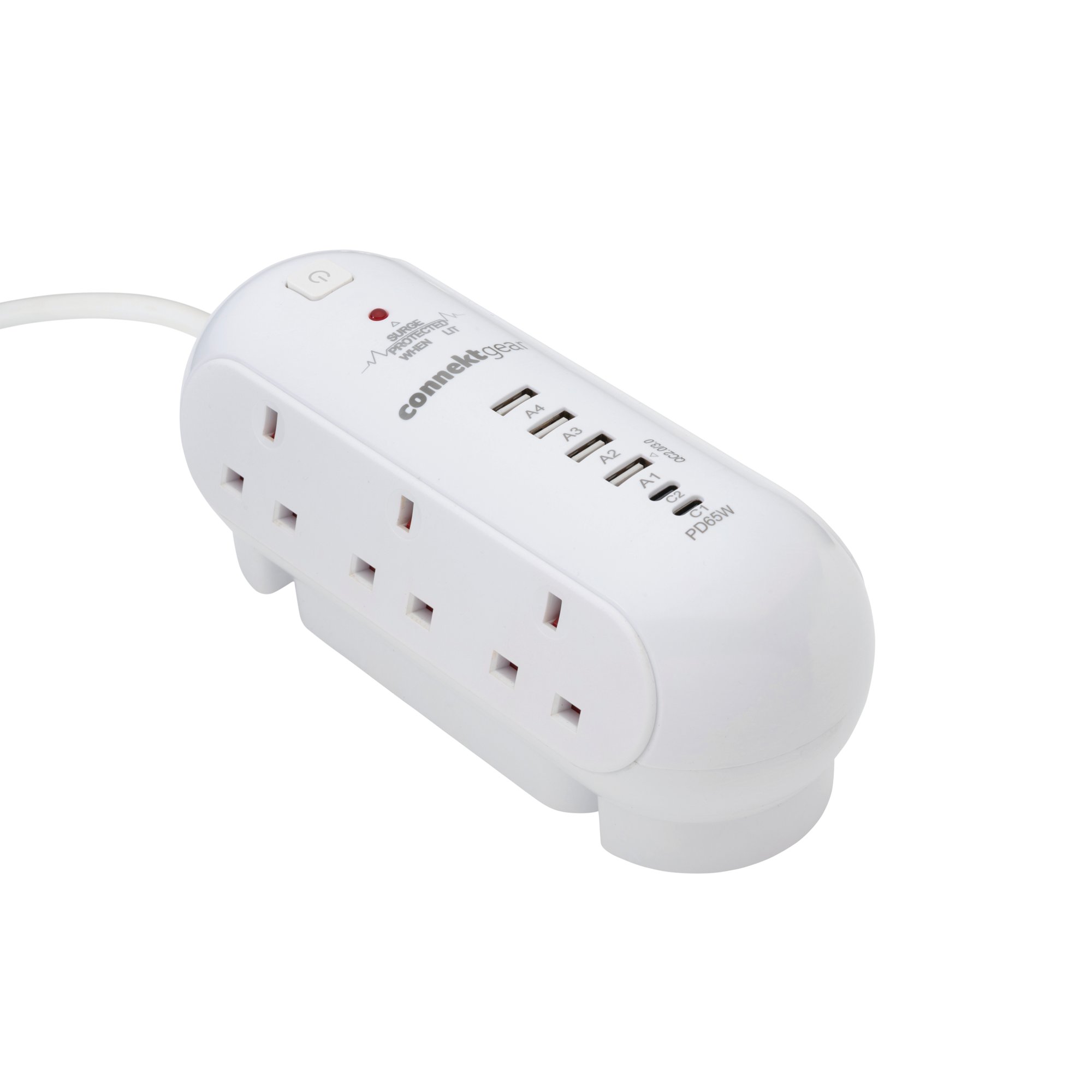 Connekt Gear 2m Desktop 6 Way Surge Protector With 4 USB-A and 2 USB-C 65W 27-6020S/USB
