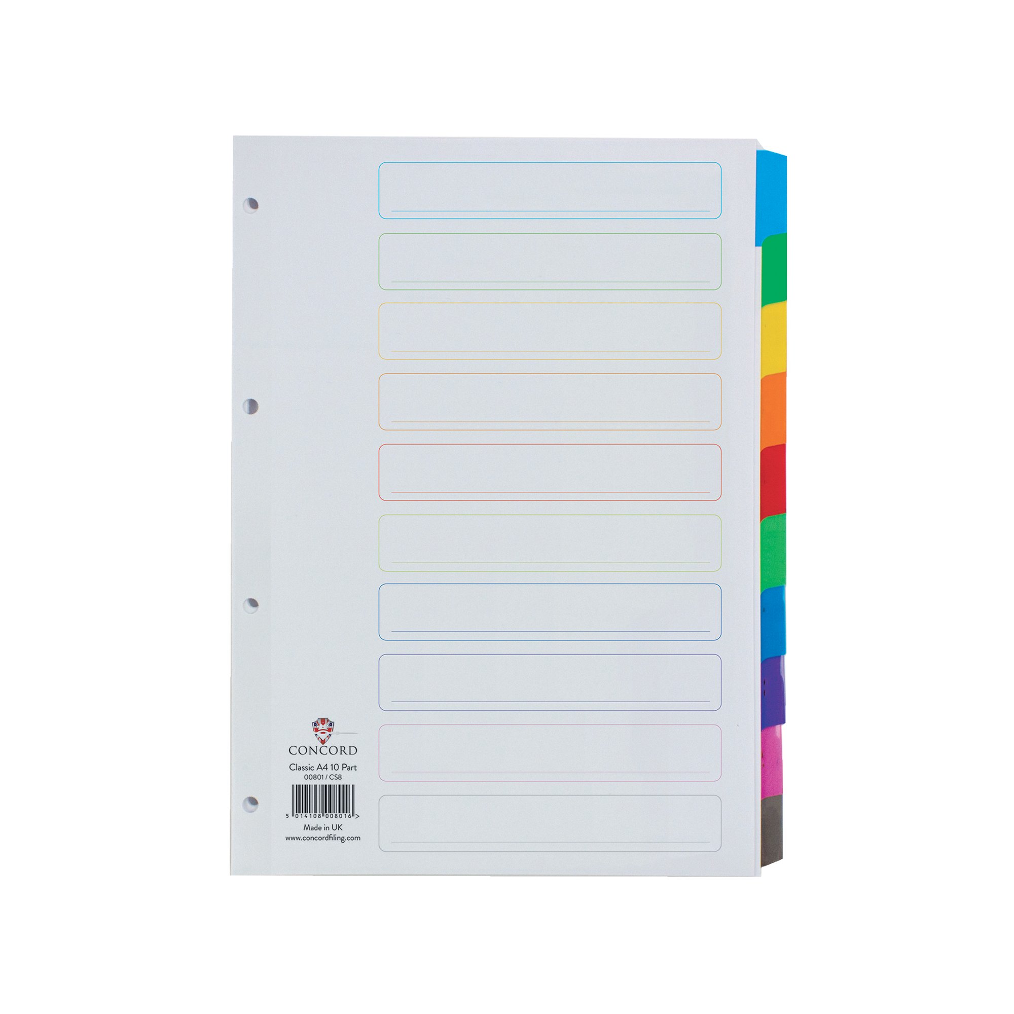 Concord Reinforced Divider 10-Part A4 Multicoloured Tabs 00801/CS8