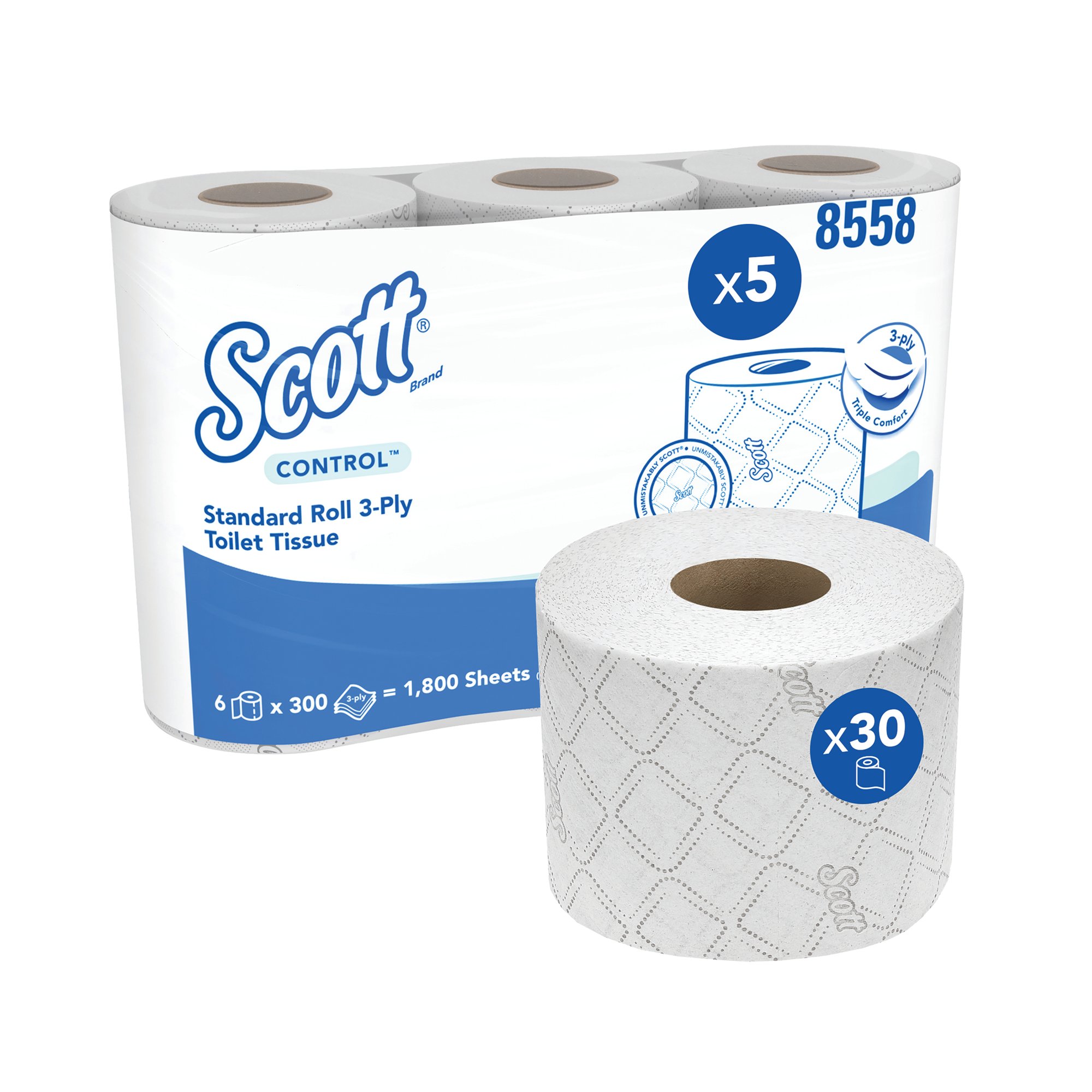 Scott Toilet Tissue 3-Ply x1800 6 Rolls x5 White Pack of 30 8558