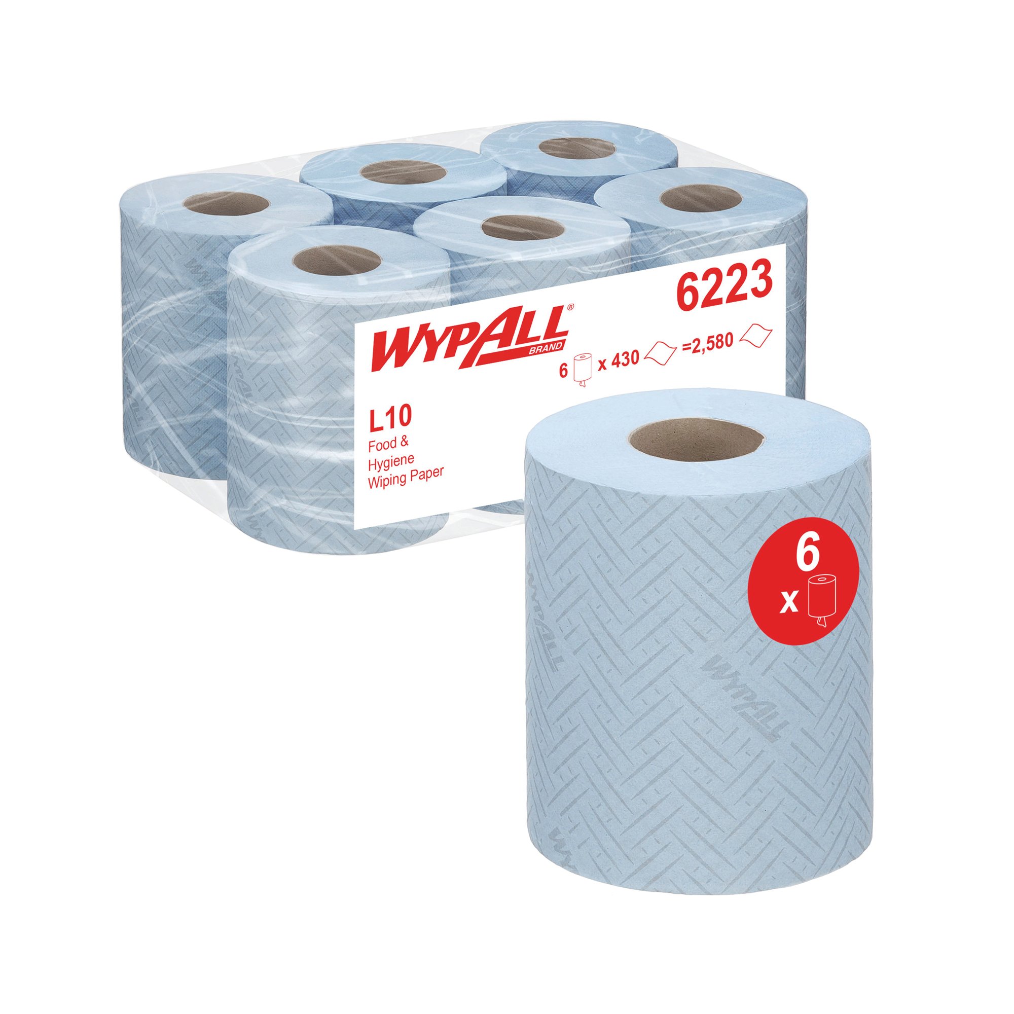 Wypall L10 Food and Hygiene Paper Roll 1-Ply x430 Blue Pack of 6 6223