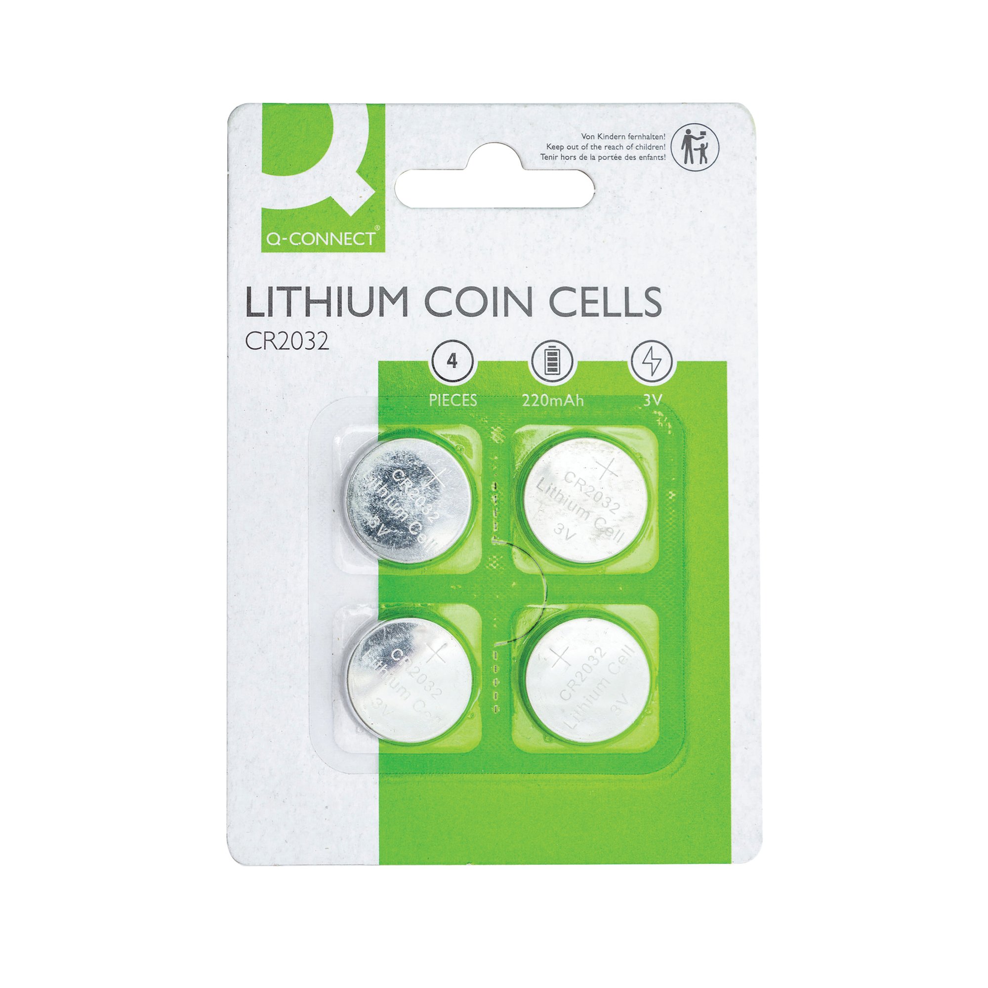 Q-Connect CR2032 Lih Coin Cell Battery 3V Blst Card Pack of 4 KF15036