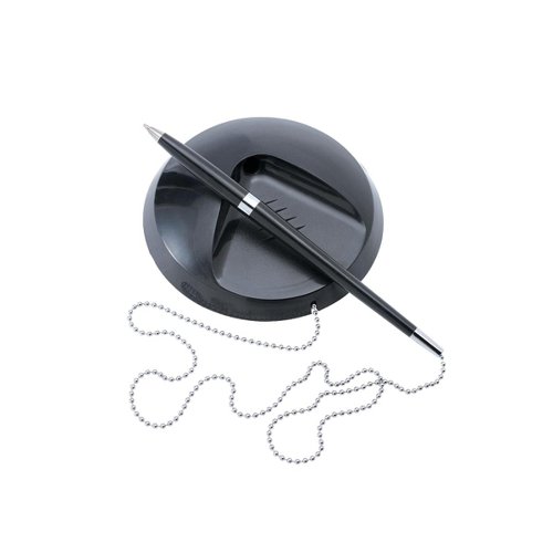 FS102796 | The 5 Star Office Desk pen is ideal for receptions, counters and public areas where it is important where presentation is key without the pens going missing. The black weighted base has a peel back adhesive fixing pad and anti-wander chain. Black smooth flowing long lasting ink to go with the elegant tapered barrel with silver trim. Packs of 20 refills available to buy separately.