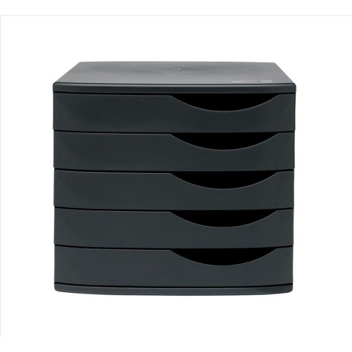 Sleek design, handy plastic desktop drawer set with five drawers which take documents A4 and up to 260x350mm. Pull handle to the right of the drawer for ease of access.