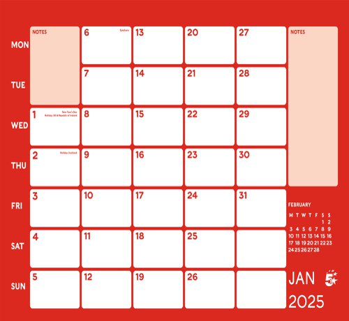 5 Star 2025 Wall Calendar Wirebound Month to View