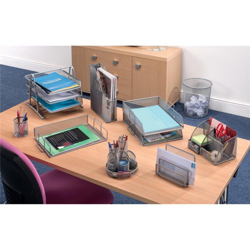 5 Star Office Mesh Letter Tray 3 Tier Stackable Front Load Portrait Foolscap Silver FS288110