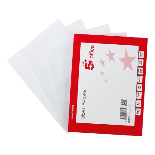 5 Star Office Folder Embossed Cut Flush Polypropylene Thumb Hole 90 Micron A4 Clear (Pack of 100)