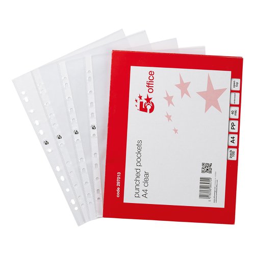 5 Star Office is a competitive range of office stationery. These embossed polypropylene punched pockets securely store your important paperwork with a top opening. Made of durable polypropylene which is copy-safe to protect your written and typed A4 documents, and that allows you to flip pages with ease. Reinforced white multi-punched edge, allowing you to store unpunched documents in a ring binder or lever arch file.