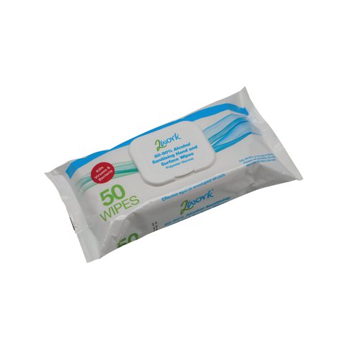 2Work Antibacterial Alcohol Hand Wipes Unfragranced (Pack of 50) 2W03485 | VOW