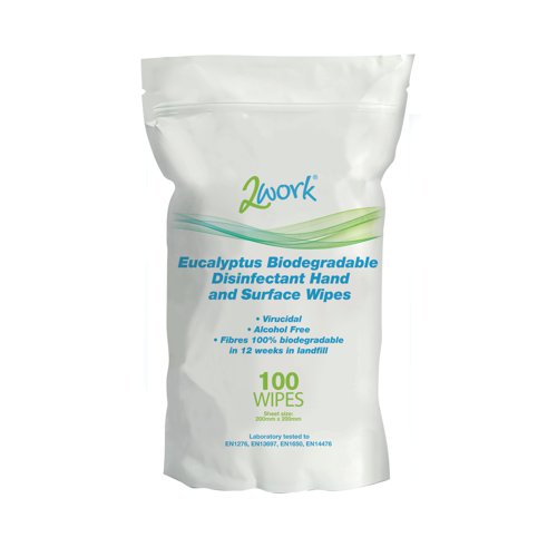 2Work Biodegradable Eucalyptus Hand/Surface Disinfectant Wipes (Pack of 100) 2W09161 | VOW