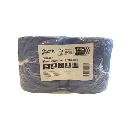 2Work 2-Ply Embossed Centrefeed Roll 50m Blue (Pack of 6) 2W10167