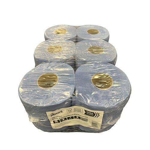 2Work 2-Ply Embossed Centrefeed Roll 50m Blue (Pack of 6) 2W10167