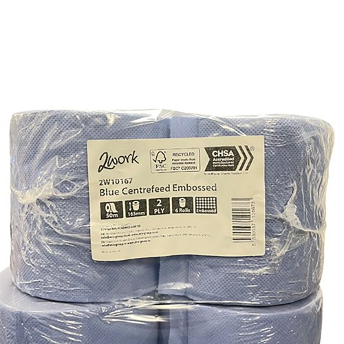 2Work 2-Ply Embossed Centrefeed Roll 50m Blue (Pack of 6) 2W10167