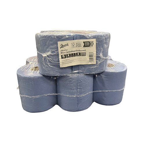 2Work 2-Ply Embossed Centrefeed Roll 50m Blue (Pack of 6) 2W10167