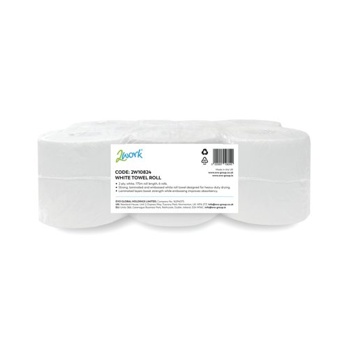 2Work 2-Ply Hand Towel Roll 175m Embossed White Pack of 6 2W10824