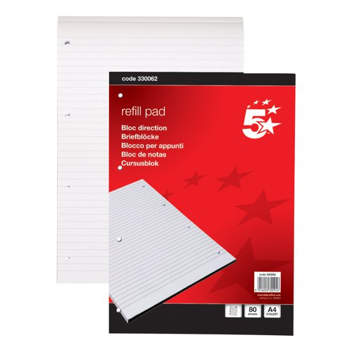 5 Star Office Refill Pad Headbound 60gsm Ruled Punched 4 Holes 160pp A4 Red (Pack of 10)