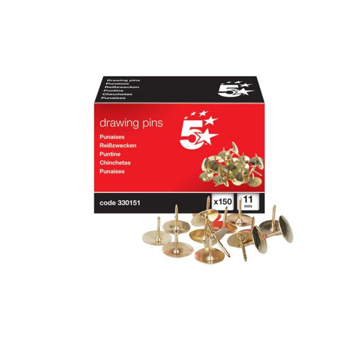 These 5 Star Office Drawing Pins are ideal for noticeboards whether in the office, reception or even in the home. Each pin has a ridged, solid metal 11mm head and are easy to place and remove. This pack contains 150 brassed drawing pins. The pins are perfect securing documents on a board.