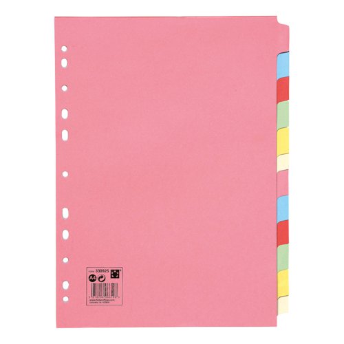 FS330925 | 5 Star Office is a competitive range of office stationery. These 12-part file dividers are a high quality option made from 100% recycled material. The brightly coloured tabs help separate sheets and documents. File dividers are a convenient way of keeping track of your documents when you have them stored in folders. 5 Star Office A4 file dividers provides a professional filing solution for your everyday office needs. Suitable for all lever arch files and ring binder folders.