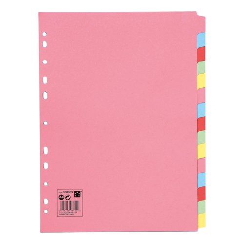 FS330933 | 5 Star Office is a competitive range of office stationery. These 15-part file dividers are a high quality option made from 100% recycled material. The brightly coloured tabs help separate sheets and documents. File dividers are a convenient way of keeping track of your documents when you have them stored in folders. 5 Star Office A4 file dividers provides a professional filing solution for your everyday office needs. Suitable for all lever arch files and ring binder folders.