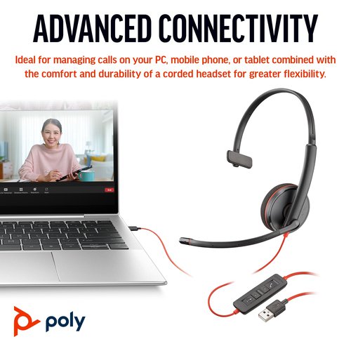 Poly Blackwire 3210 Monaural UC USB-C/A Headset 8X214AA