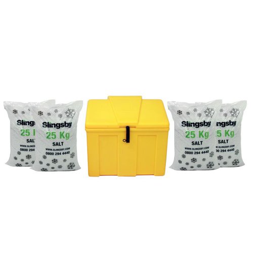 Heavy Duty Lockable Salt and Grit Bin Yellow 110L with White De-icing ...