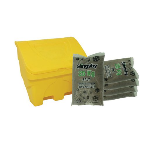 Salt and Grit Bin Yellow 130L Supplied with 5x25kgs Brown Rock Salt 395101