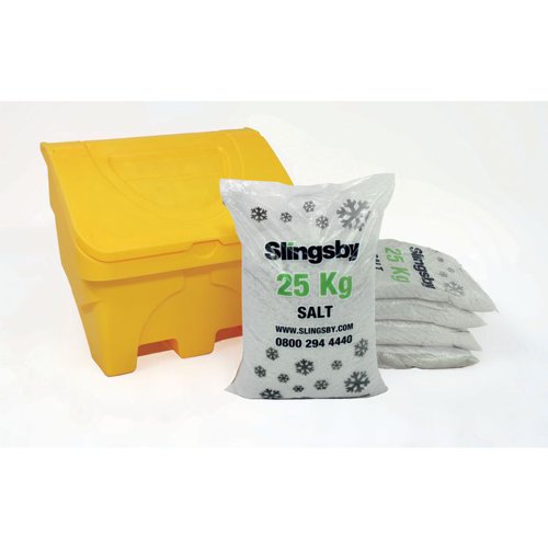 Salt And Grit Bin Yellow 130l Supplied With 5x25kgs White De Icing Salt 395102