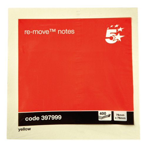 5 Star Office Re-Move Notes Cube Pad of 400 Sheets 76x76mm Yellow